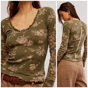 Free People Thermal Clover Green Pink Floral Top, L